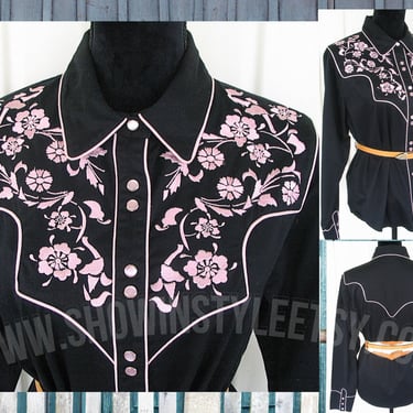 Vintage Retro Women's Cowgirl Western Shirt by Adobe Rose, Rodeo Queen Blouse, Black with Piink Floral Embroidery, Large (see meas. photo) 