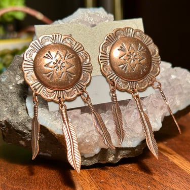 Vintage Copper Concho Earrings Feathers Native American Western Cowgirl Retro Jewelry 