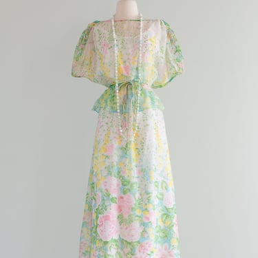 Dreamy 1970s Pastel Rose Garden Party Maxi Dress / SM