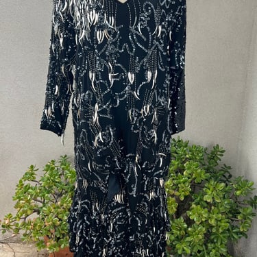 Vintage Olga Cassini glam black sequins silver beaded top & skirt Sz M/L 