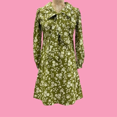 Vintage Floral Dress Retro 1960s Mid Century Modern + No Size/Handmade + Avocado Green + White Flowers + L/S + Pointed Collar + MCM Apparel 