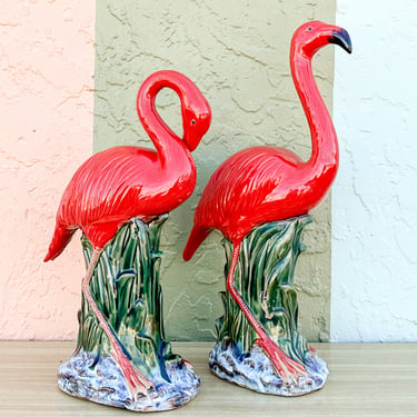 Pair of Hot Pink Ceramic Flamingo