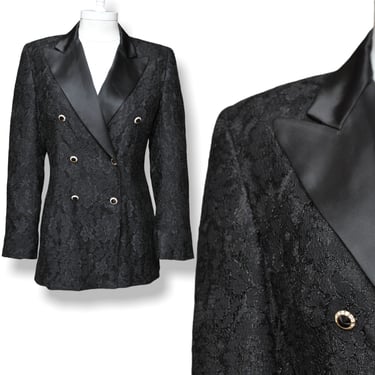 Vintage Bill Blass USA Black Lace Blazer Womens Double Breasted Jacket with Black Satin Lapel Size 6/8 