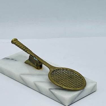 Vintage Brass Tennis Racket Paper Note Memo Clip Letter Holder Marble Stand 
