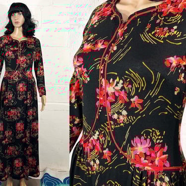 Vintage Knit Dress DL Barron Black Red Floral Fit & Flare Long Maxi Hostess Gown Sleeves 1960s 1970s 70s DL Barron London Small 