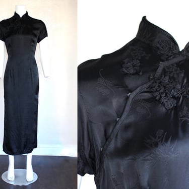 Vintage Jacquard Cheongsam Sheath Dress with Side Seam Slits - Ankle Length Short Sleeve Mandarin Collar Dress - Medium 