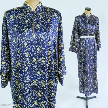 1980s Navy Satin Print Dressing Gown | 80s Navy Print Caftan | Mary McFadden | XL 