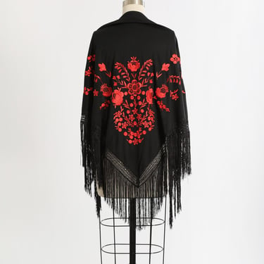 Vintage 70s Piano shawl | 1970s red floral embroidered fringe shawl 