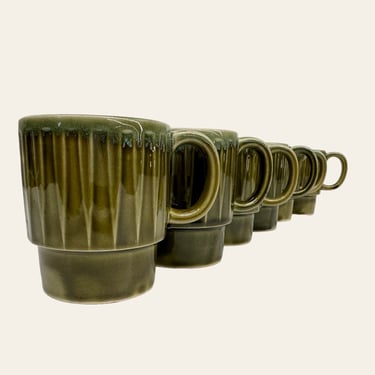 Vintage Mug Set Retro 1960s Mid Century Modern + Ceramic + Green and Turquoise + Ceramic + Set of 6 + Ridged Design + Home and Kitchen Decor 