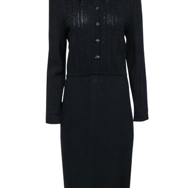 St. John - Black Cable Knit Long Sleeve Button-Up Dress Sz 8