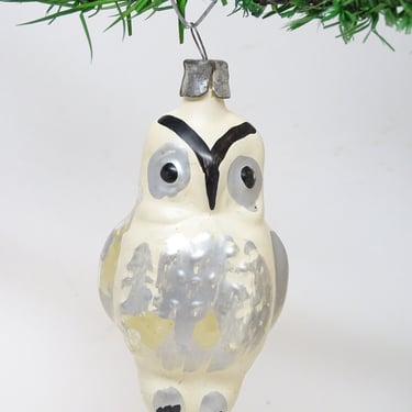 Antique Hand Painted Russian Glass Owl Christmas Ornament, Vintage Feather Tree Decoration 