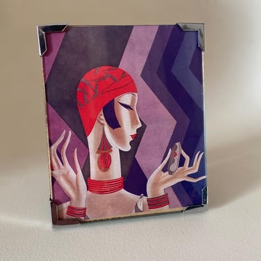 Art Deco Very stylish 1930s Vintage Chrome Modernist photo frame with Art Deco lady print by BakeliteBa