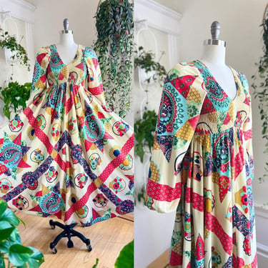 Vintage 1970s Maxi Dress | 70s DENISE ARE THERE! Printed Cotton Floral Paisley Quilted Trompe L'oeil Empire Waist | x-small/small/medium 