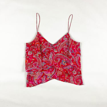 y2k Ralph Lauren Pink Paisley Tiered Fluttery Tank Top / Spaghetti Strap / Silk / Size 16 / XL / Plus / 00s / Summer / Bright Pink / Large 