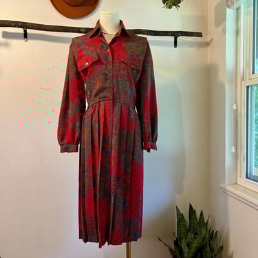 Schrader Vintage 90s Red Floral Paisley Print Pleated Collard Midi Dress Size 10 