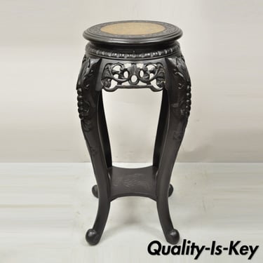 Japanese Carved Wood Black Ebonized 29" Plant Stand Side Table Lacquer Top