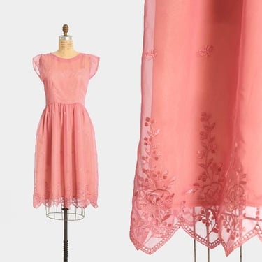 Vintage 50s Pink floral embroidered chiffon dress 