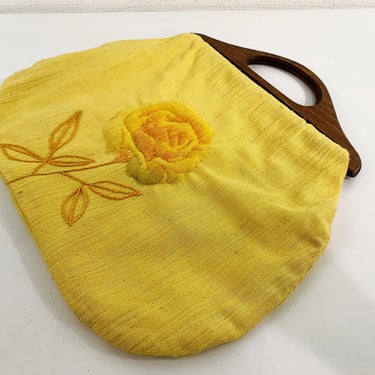 Vintage Reversible Fabric Purse Sewing Bag Handbag Purse Wood Handles Yellow Orange Floral Butterfly Rose 1970s 1960s 