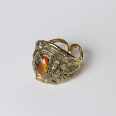 Vintage 1970s bracelet, clamper, cuff, victorian revival, art nouveau, statement jewelry, leaf motif, fall leaves 