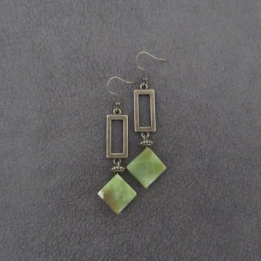 Serpentine green stone earrings, tribal ethnic earrings, boho earrings, bohemian earrings, antique bronze 