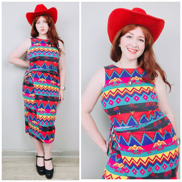 1990s Vintage California Gold Rush Southwestern Wiggle Dress /  90s Cotton Jersey Stretch Rainbow Sarong Dress / Large 