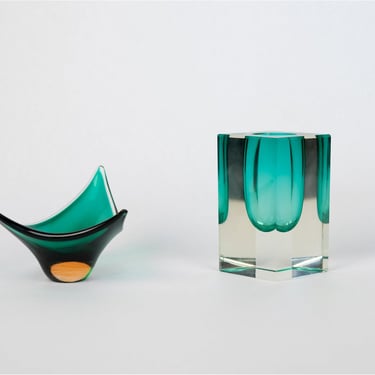 Teal Glass Dish and Vase