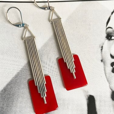 Art Deco Earrings Elegant Cherry Red   ‘Odeonesque’ Long Galalith drop earrings modernist jazz age bakelite earrings by BakeliteBa