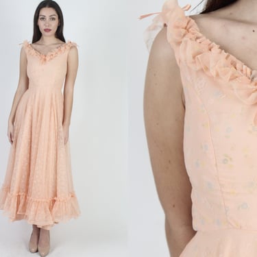 Vintage 60s Velvet Floral Dress Country Prairie Garden Bridal Homespun Peach Maxi 