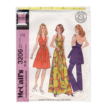 Vintage 1972 McCall's Sewing Pattern 3206, Misses' Halter Dress or Tunic in Three Lengths with Pants, Size 12 Bust 34 