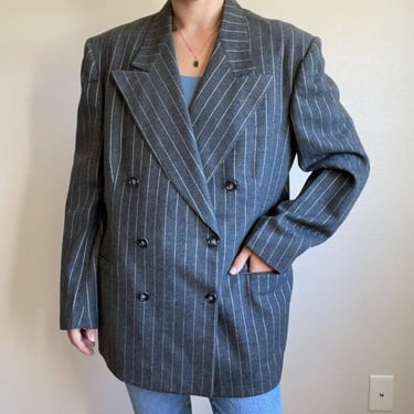 Vintage McKibben Scottish Gray Wool Double Breasted Striped Oversized Blazer 