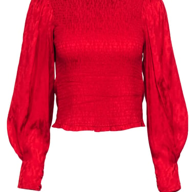 Maje - Red Smocked Satin Blouse w/ Leopard Print Sleeves Sz 4