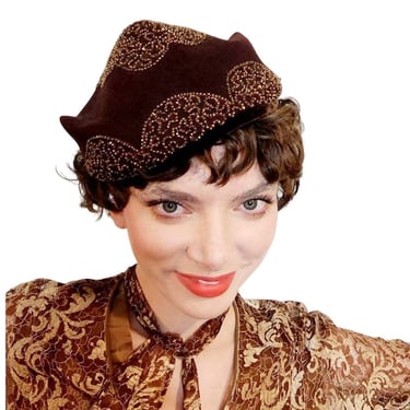 Vintage 50s Brown Felt Hat Copper Beaded Art Deco Style 