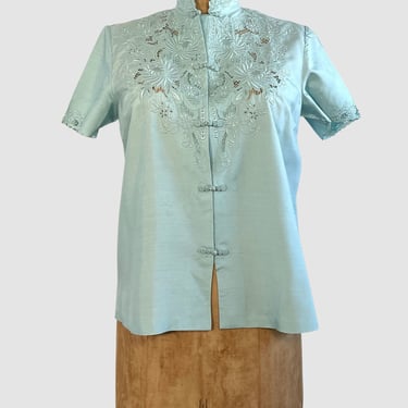 SILK ROAD 70s Chinese Hand Embroidered Blue Blouse, Large 
