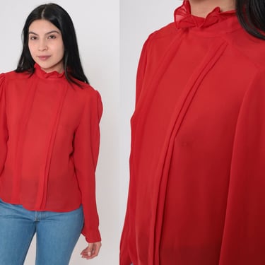 Red Ruffle Blouse 80s Pleated Top Semi-Sheer Long Puff Sleeve Shirt High Neck Ruffled Collar Secretary Retro Vintage 1980s Sauci Medium M 