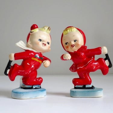 1950s Large Ice Skater Salt and Pepper Shakers, Figural Spice Shakers by Ucagco Japan, Holiday Dinner Table Decor 