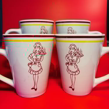 Vintage Set of 4 1950s Drive In Carhop Waitress Red and Yellow Striped Coffee Restaurant Ware Mugs Heavy Ceramic Great Condition 