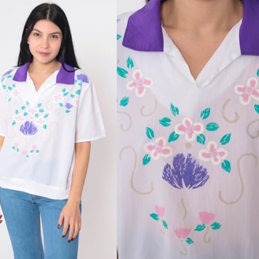 Glitter Floral Shirt 80s White Collared T-Shirt Polo Top Purple Collar V Neck Short Sleeve Banded Hem Top Flower Print Vintage 1980s Medium 
