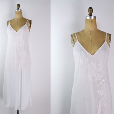 90s Oscar De La Renta Sheer White Maxi Slip / Wedding Slip Dress / Vintage Lingerie/ Size M/L 