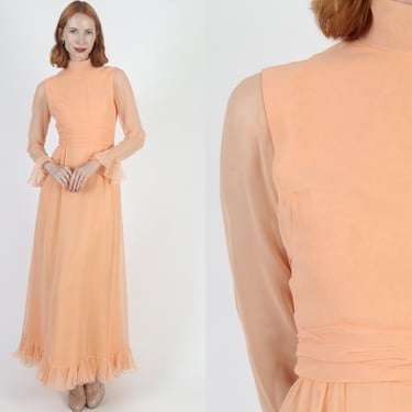 Peach Long Chiffon Dress Sheer Thin Bridesmaids Gown Vintage 70s Avant Garde Cocktail Party Maxi Ruffle Composer Sleeves 