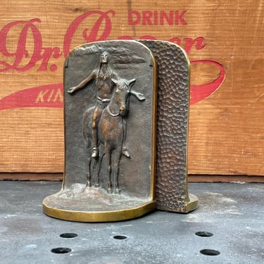 Vintage Bronze Indian on Horse Back Bookends Mid-Century Old West Relief Sculpture 