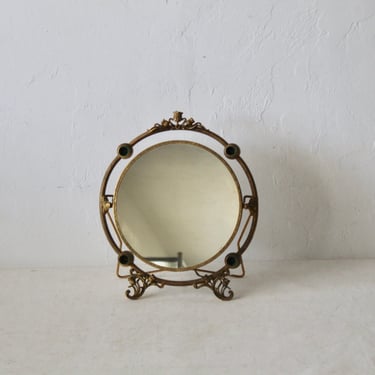 Vintage Art Nouveau Style Round Gold  Two Sided  Vanity Tabletop Mirror Flowers Detail 