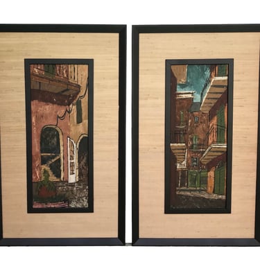 Pair Mid Century Modern Paintings of New Orleans Oil on Board signed McBean 1960