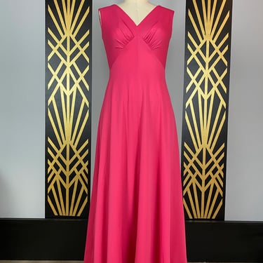 1960s maxi dress, hot pink polyester, vintage dress, sleeveless, full length, hostess dress, small, claralura, empire waist, mod, orchid, 34 