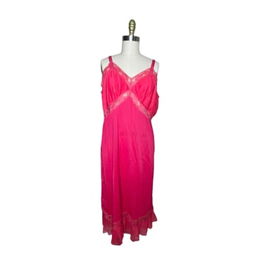 Vintage Joan Browne Montgomery Ward Bright Red Nylon Lace Chiffon Half Slip Dress Nightgown, Plus size 44 
