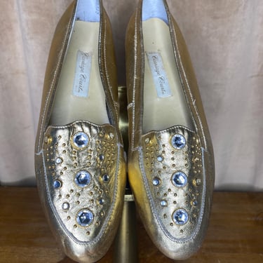 Vintage Gold Moccasin Shoes Womens 8 Slip On 80s Rhinestone Loafer 