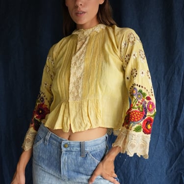 1930's Croatian Wedding Blouse / Bright Red Purple Green Floral and Bird Embroidery on Pale Yellow / Lace Bell Sleeve / Pleated Blouse 