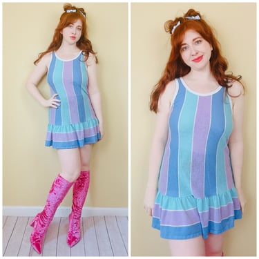 1980s Vintage Gilligan O'malley Pastel Pointelle Mini Dress / 80s Semi Sheer Lavender Blue Striped Drop Waist Coverup / Medium 