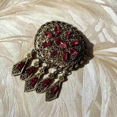 Victorian Brass Filigree Pink Gem Fringe Brooch