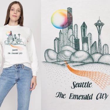 Small 80s Seattle "The Emerald City" Tourist Sweatshirt | Vintage Distressed White Raglan Sleeve Wizard Of Oz Graphic Crewneck Pullover 