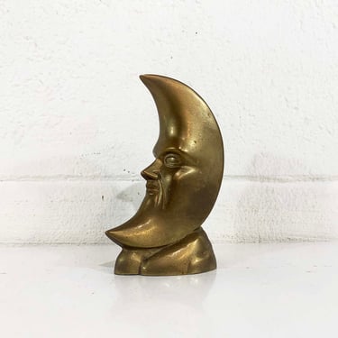 Vintage Brass Crescent Moon Bookend Figurine Statue Man in the Moon Cloud 3D Face Art Nouveau Mid-Century Celestial 